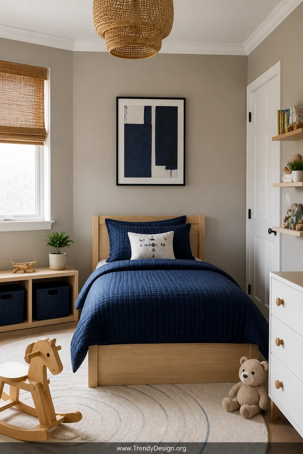 Medium photorealistic interior shot of a modern toddler boy room centered on a neatly made bed with deep navy blue bedding ag