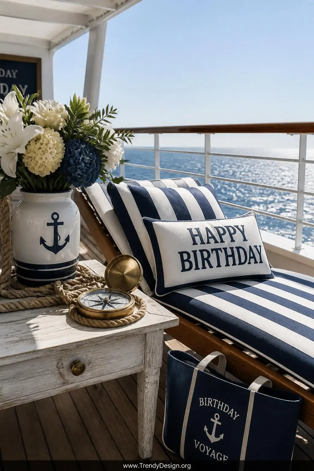 A wide-shot photorealistic interior design scene of a breezy cruise ship open-air deck styled with nautical birthday celebrat