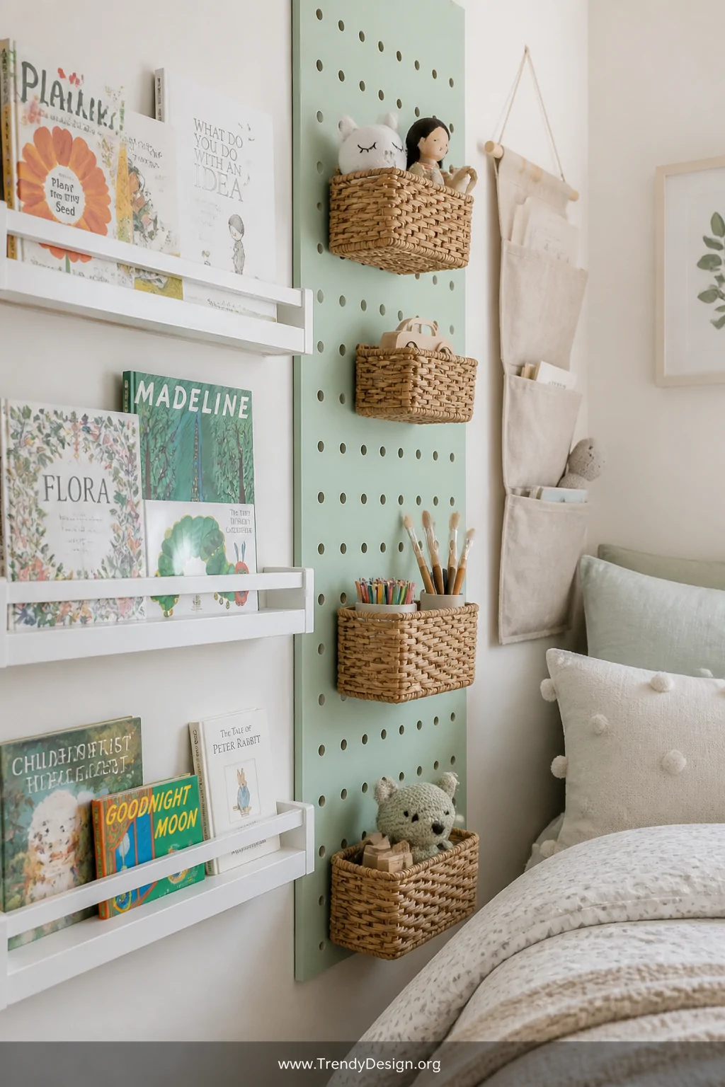 Close-up photorealistic detail shot of a small bedroom wall styled as organized storage, featuring white floating wooden book
