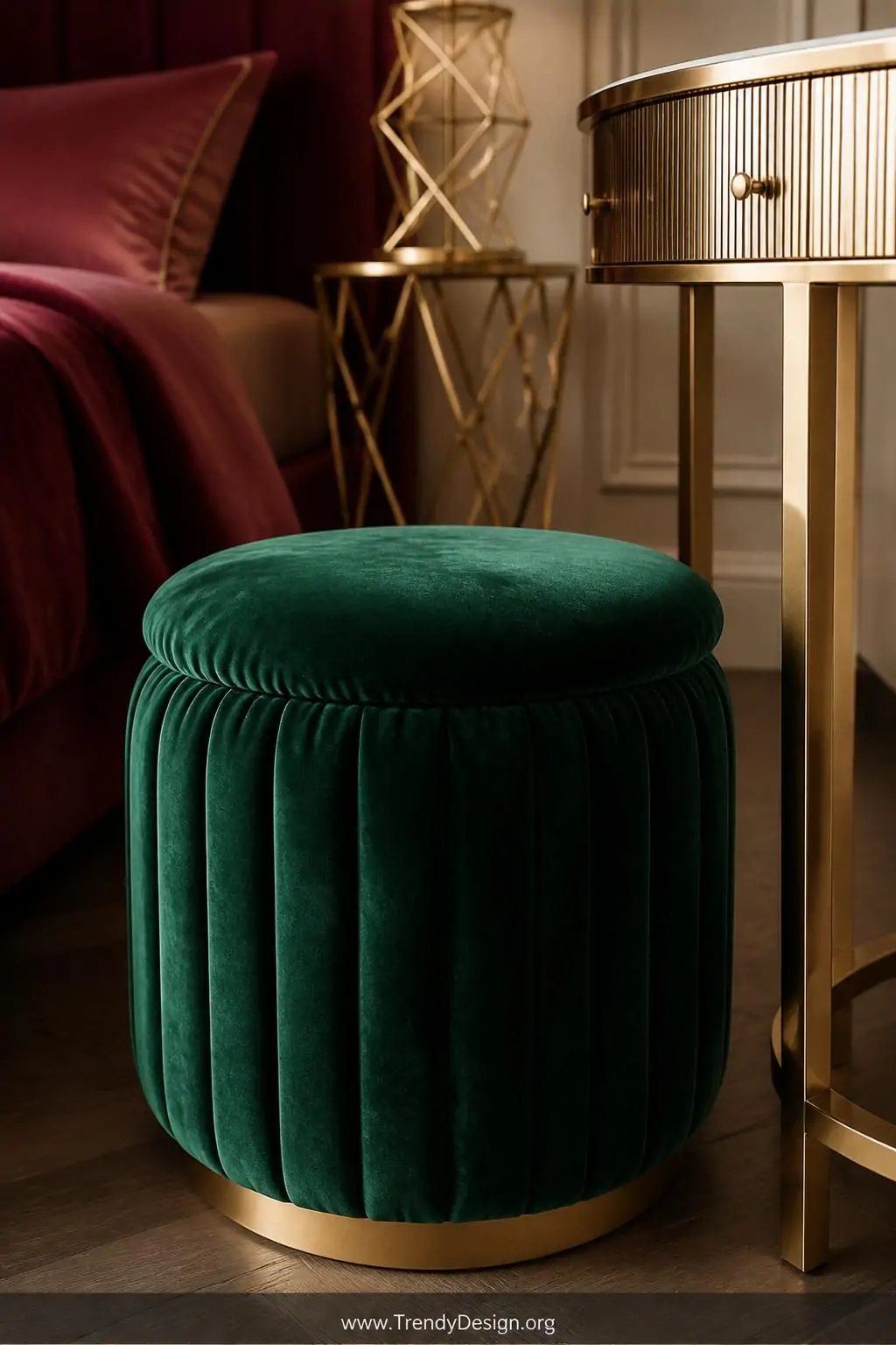 A closeup photorealistic shot of a deep emerald green velvet poof positioned beside a gold brass vanity table leg in a sophis