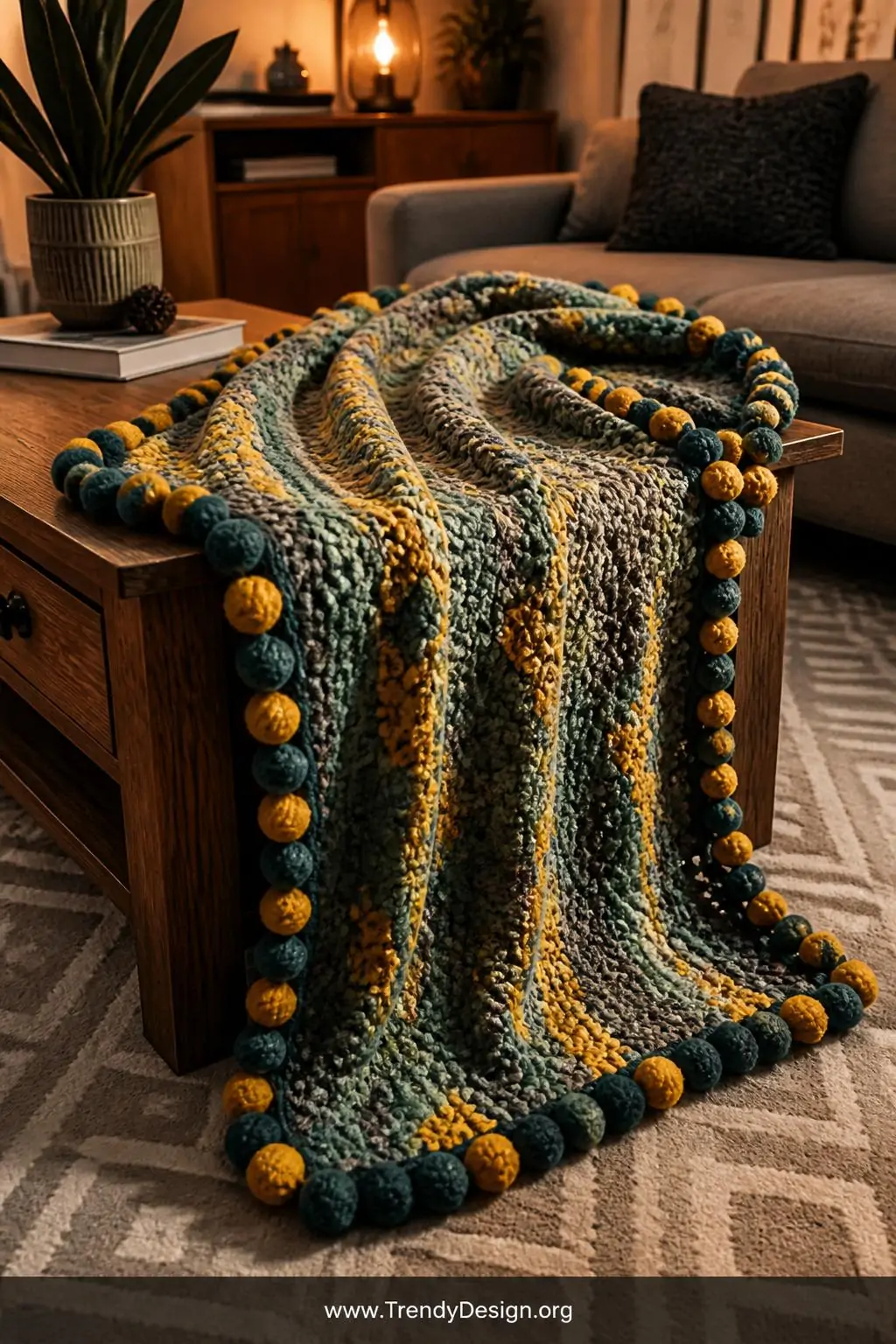 A medium photorealistic interior shot of a richly textured C2C throw blanket tumbling off the edge of a dark walnut coffee ta