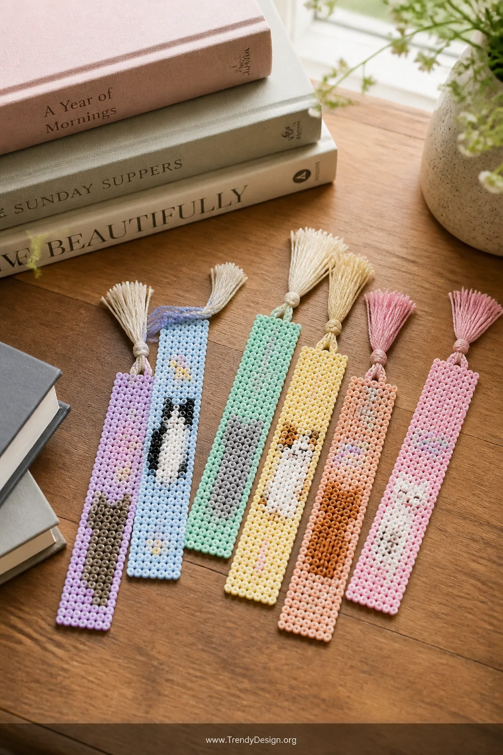 A close-up detail shot of a flat lay on a warm wooden desk surface, showing slim rectangular Perler bead bookmarks in pastel 