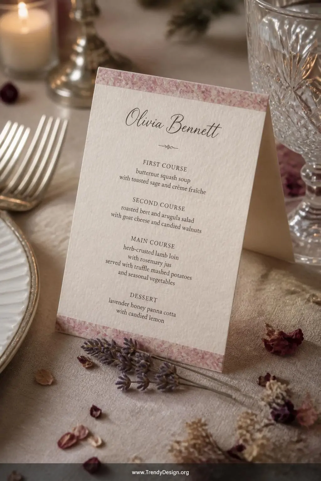 A close-up photorealistic shot of a single personalized place card menu propped tent-folded on a richly set dinner table, cra