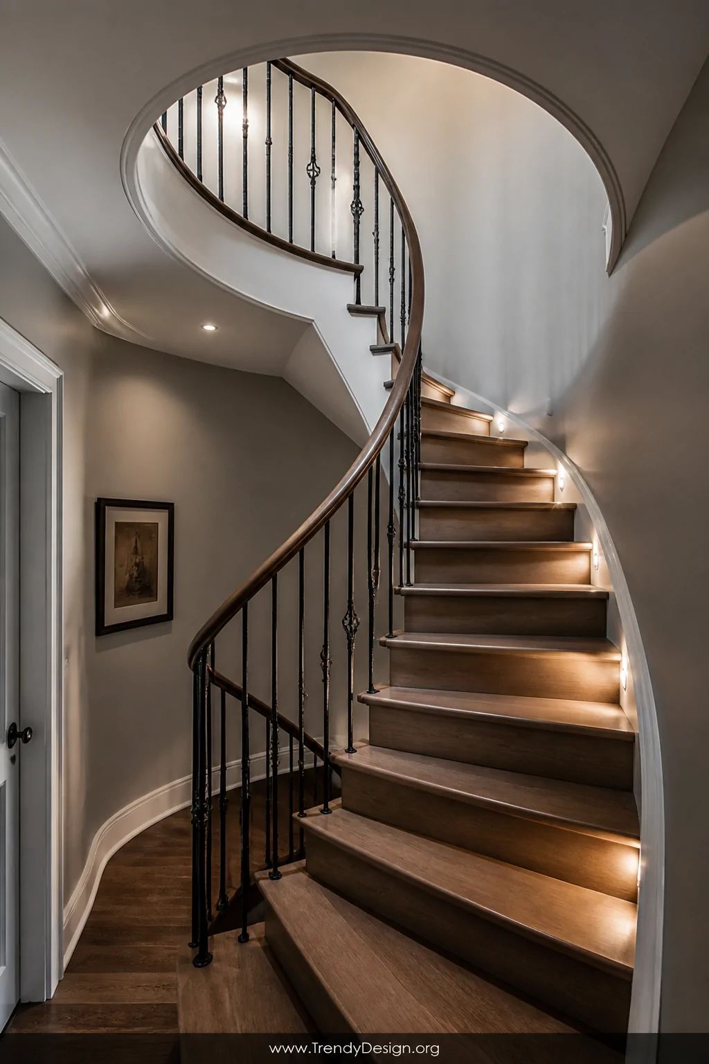 Medium photorealistic interior shot looking upward at an elegant spiral attic staircase curving gracefully toward a ceiling o