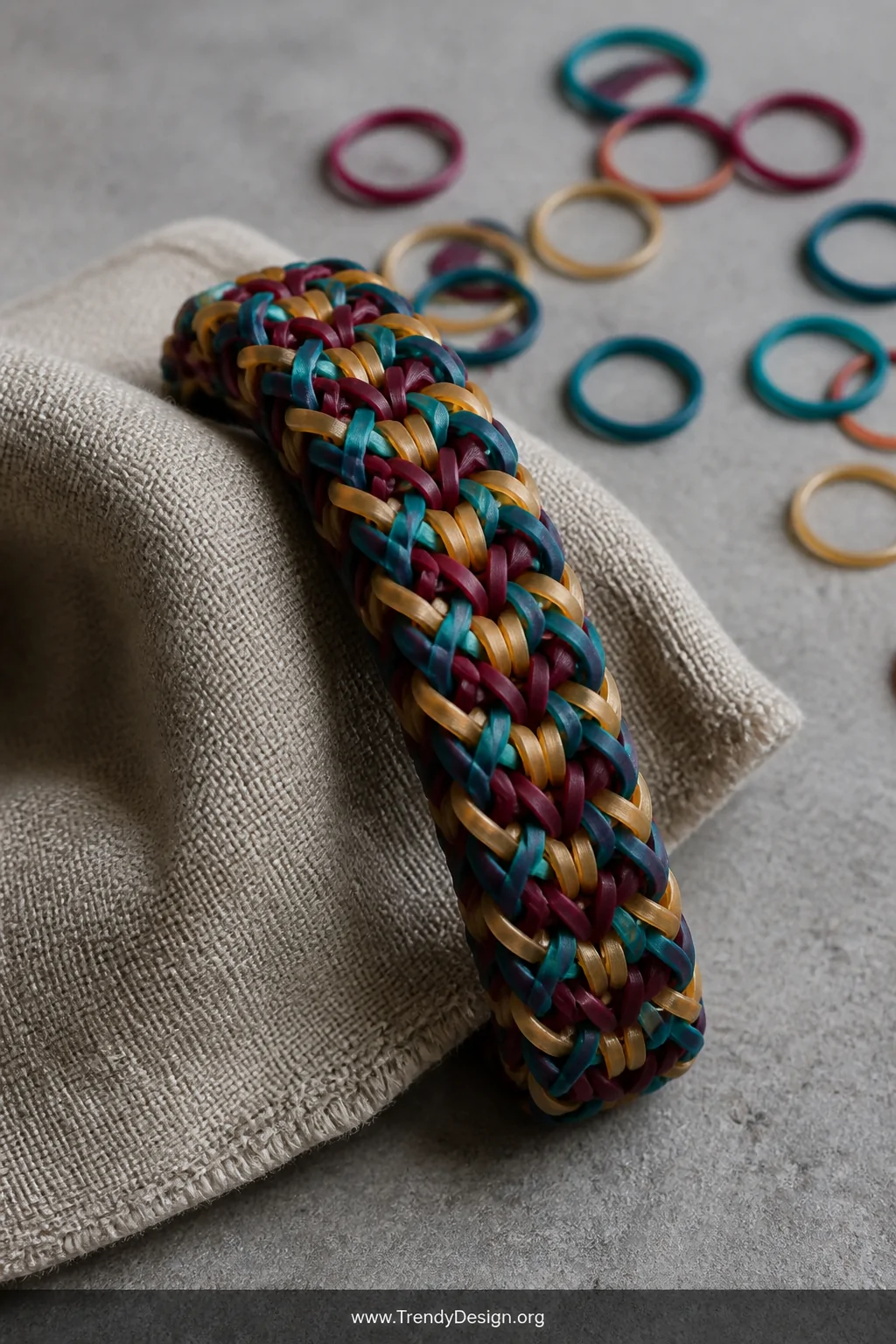 A close-up detail shot of a chunky hexafish bracelet draped over a raw linen fabric swatch on a concrete surface under cool d