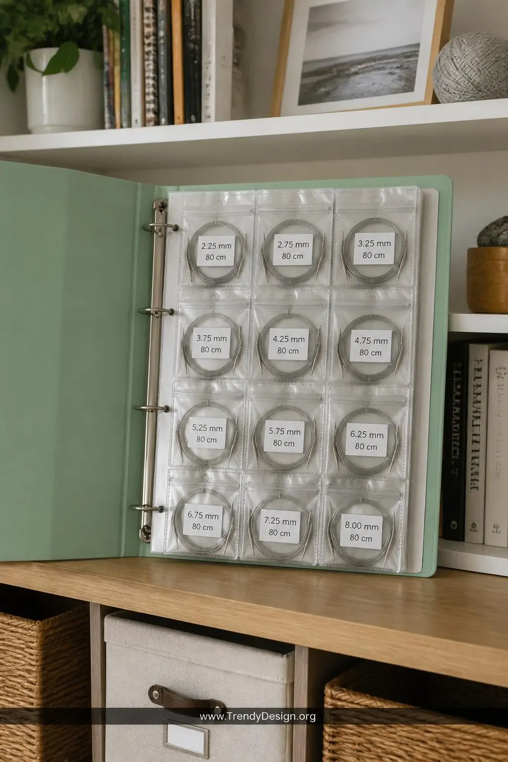 A medium-shot photorealistic image of a tidy bookshelf in a home office where a mint green three-ring binder sits open to rev