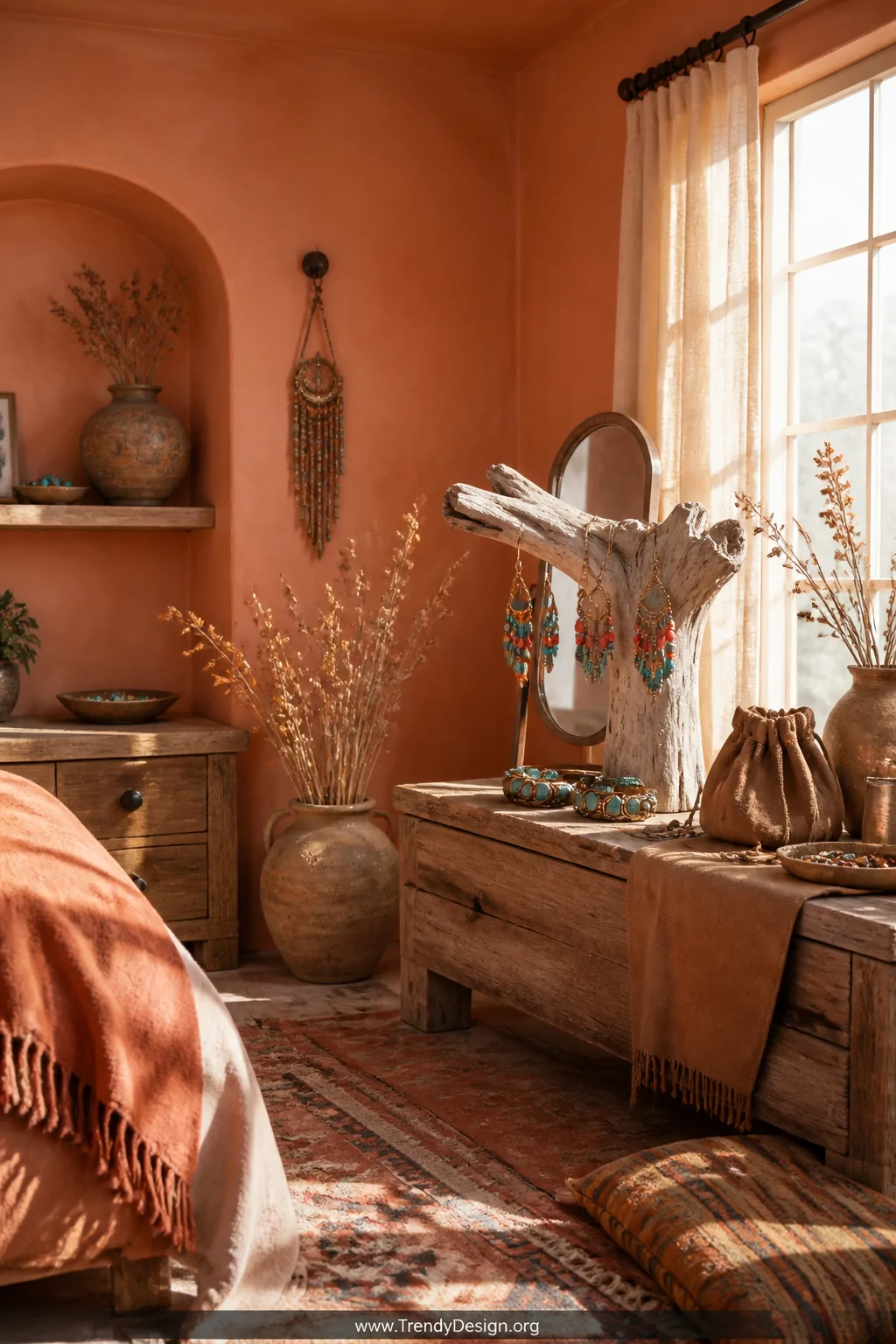 A wide shot of a sun-drenched bohemian dressing corner with adobe-textured warm terracotta walls, layered woven rugs in rust 