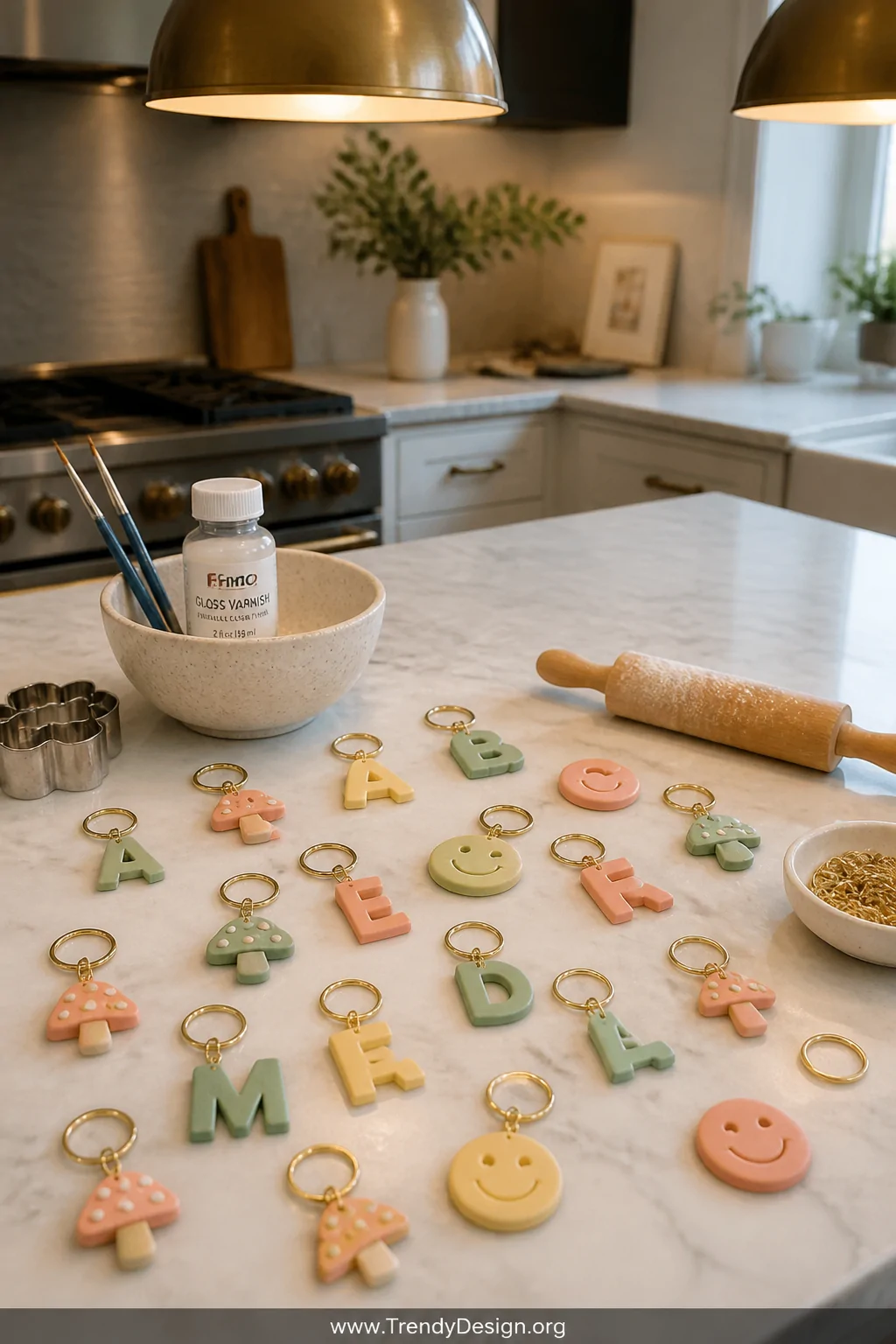A white marble kitchen countertop scattered with polymer clay keychains in pastel yellow, coral, and sage green shaped as ini