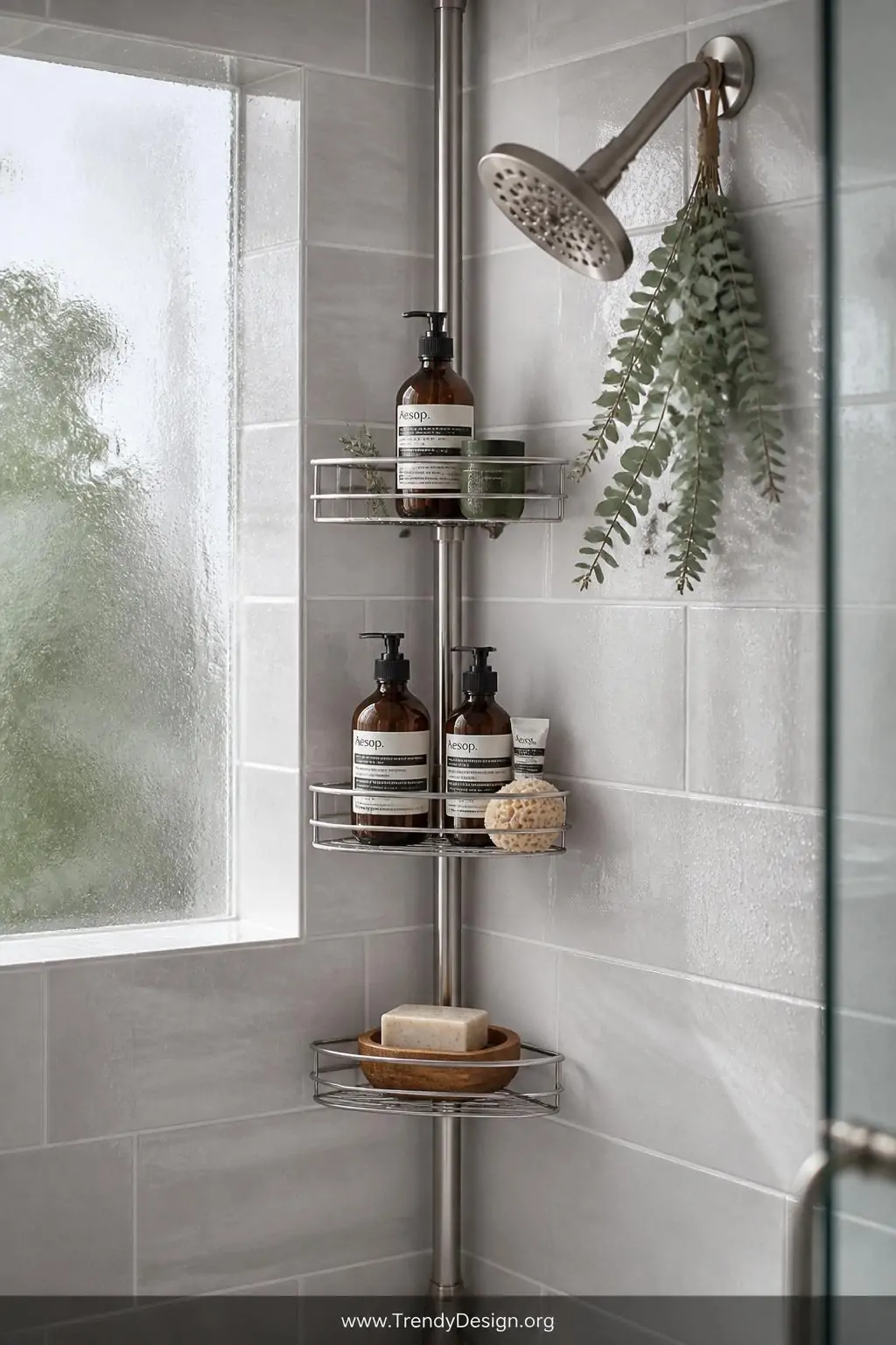 A medium-shot photorealistic interior design image of a sleek walk-in shower with large format light grey subway tiles, featu