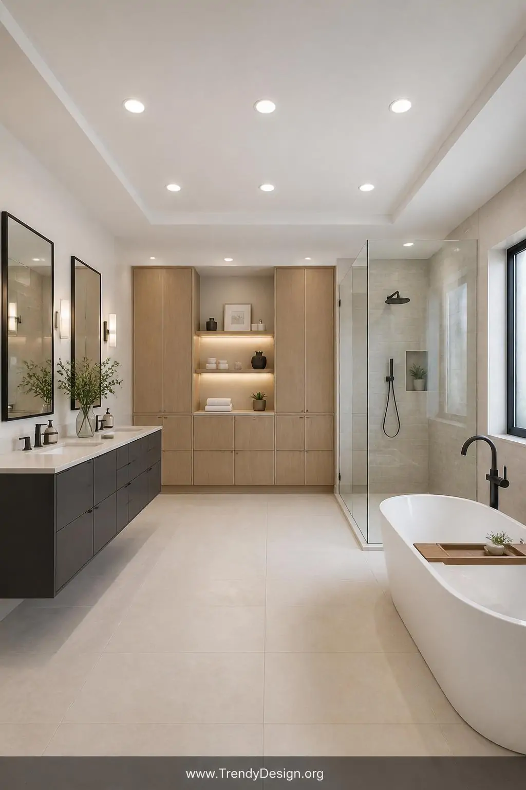 A wide-shot photorealistic modern bathroom featuring a grid of six flush dimmable LED recessed lights installed in a crisp wh