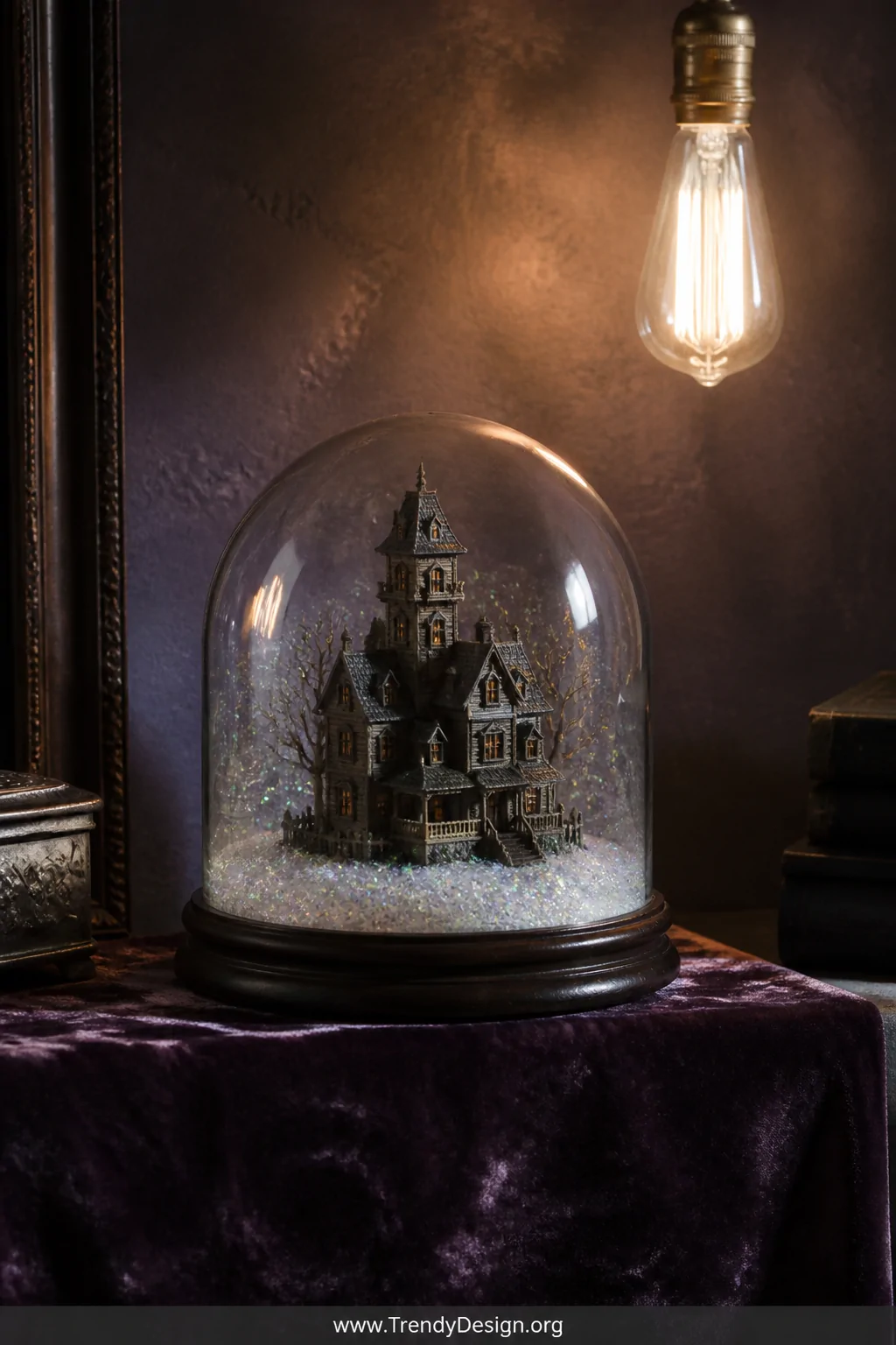 Medium closeup of a permanent clear resin snow globe dome displayed on a velvet-draped shelf, housing a miniature haunted hou
