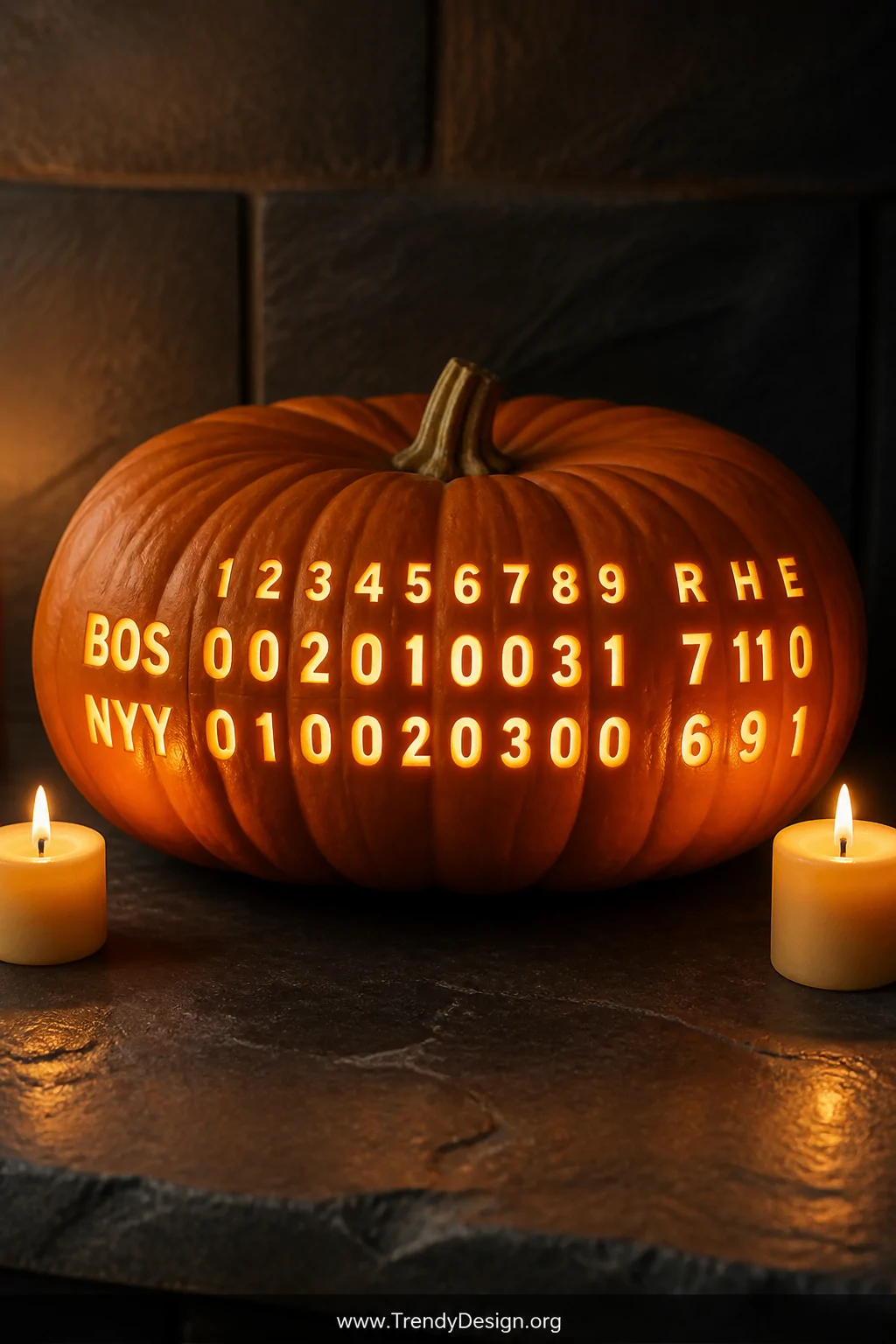 A closeup detail shot of a wide flat pumpkin resting on a slate grey stone surface, its carved bold block-letter scoreboard d
