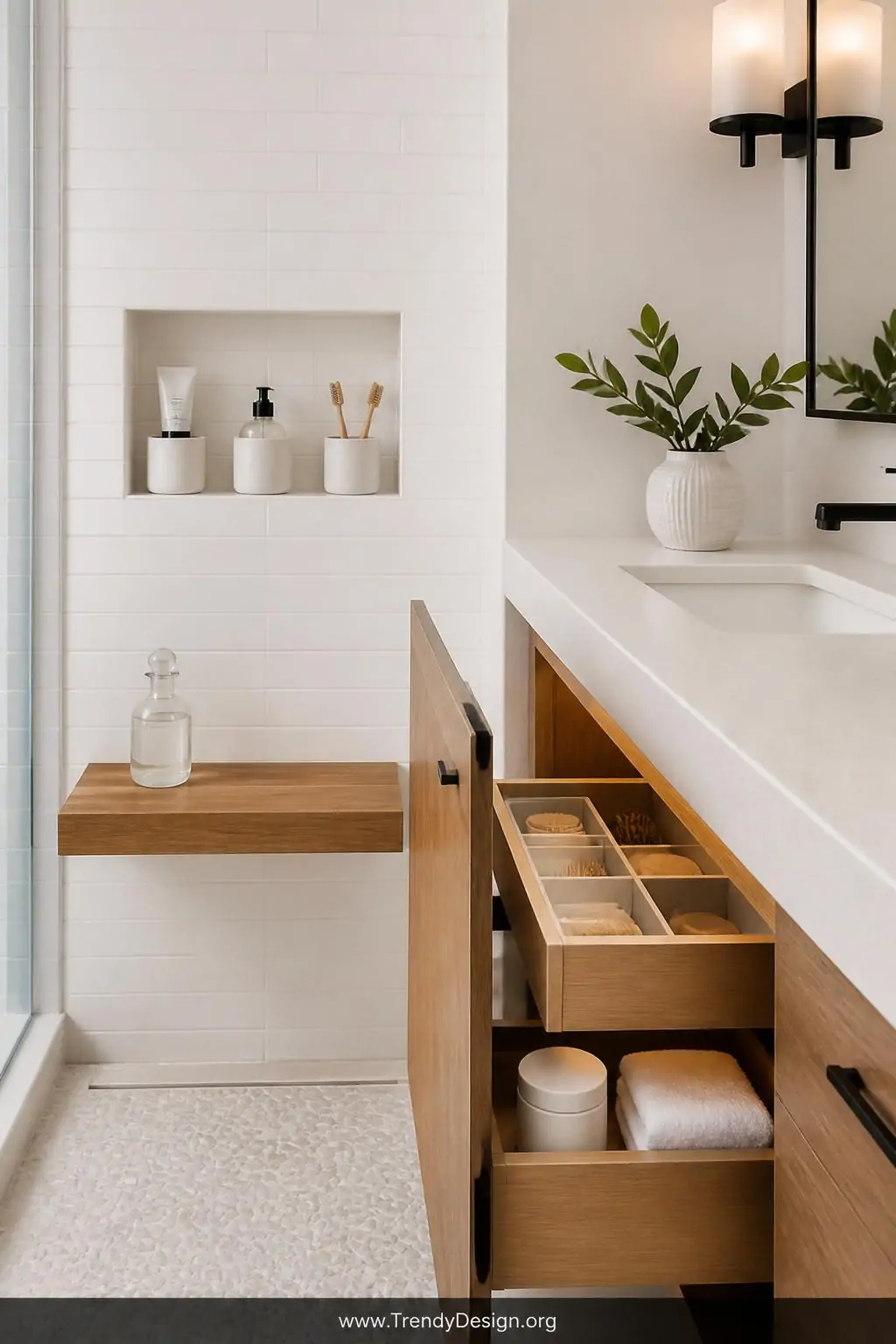 Medium photorealistic shot of a minimalist bathroom wall niche recessed directly into white subway-tiled shower surround, thr