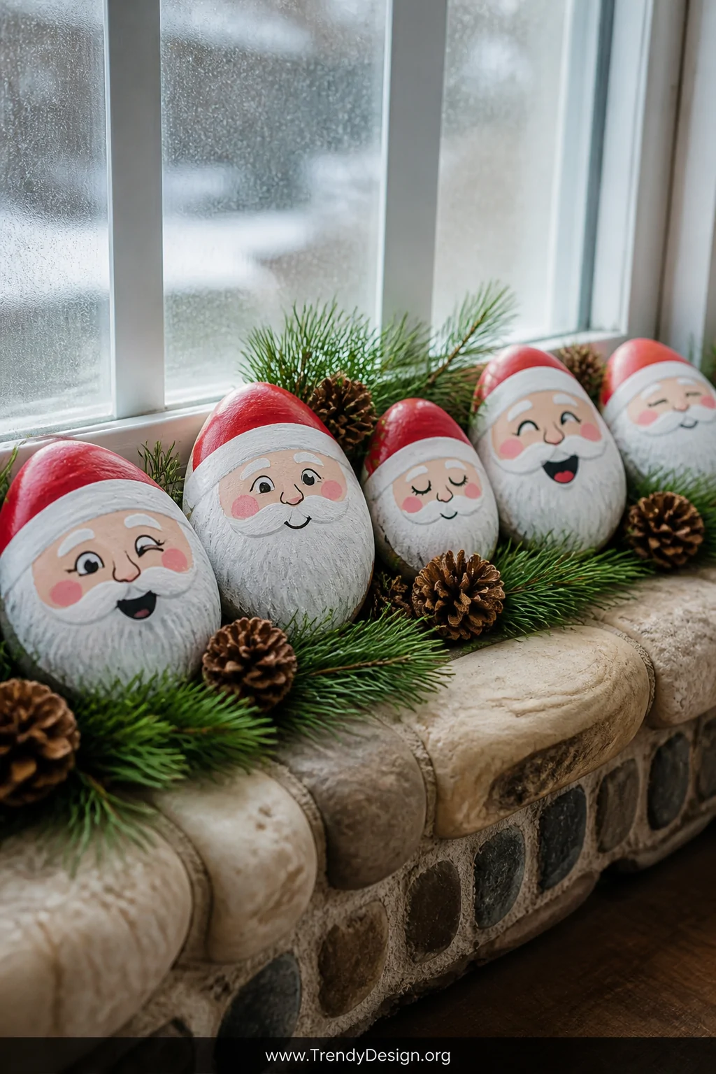 A closeup detail shot of a windowsill lined with smooth river rock Santas painted with expressive faces in red, white, and fl