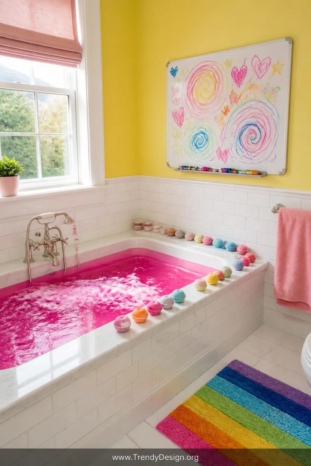 Medium photorealistic interior shot of a bright kids' bathroom with an electric hot-pink bathtub filled with vivid magenta fi