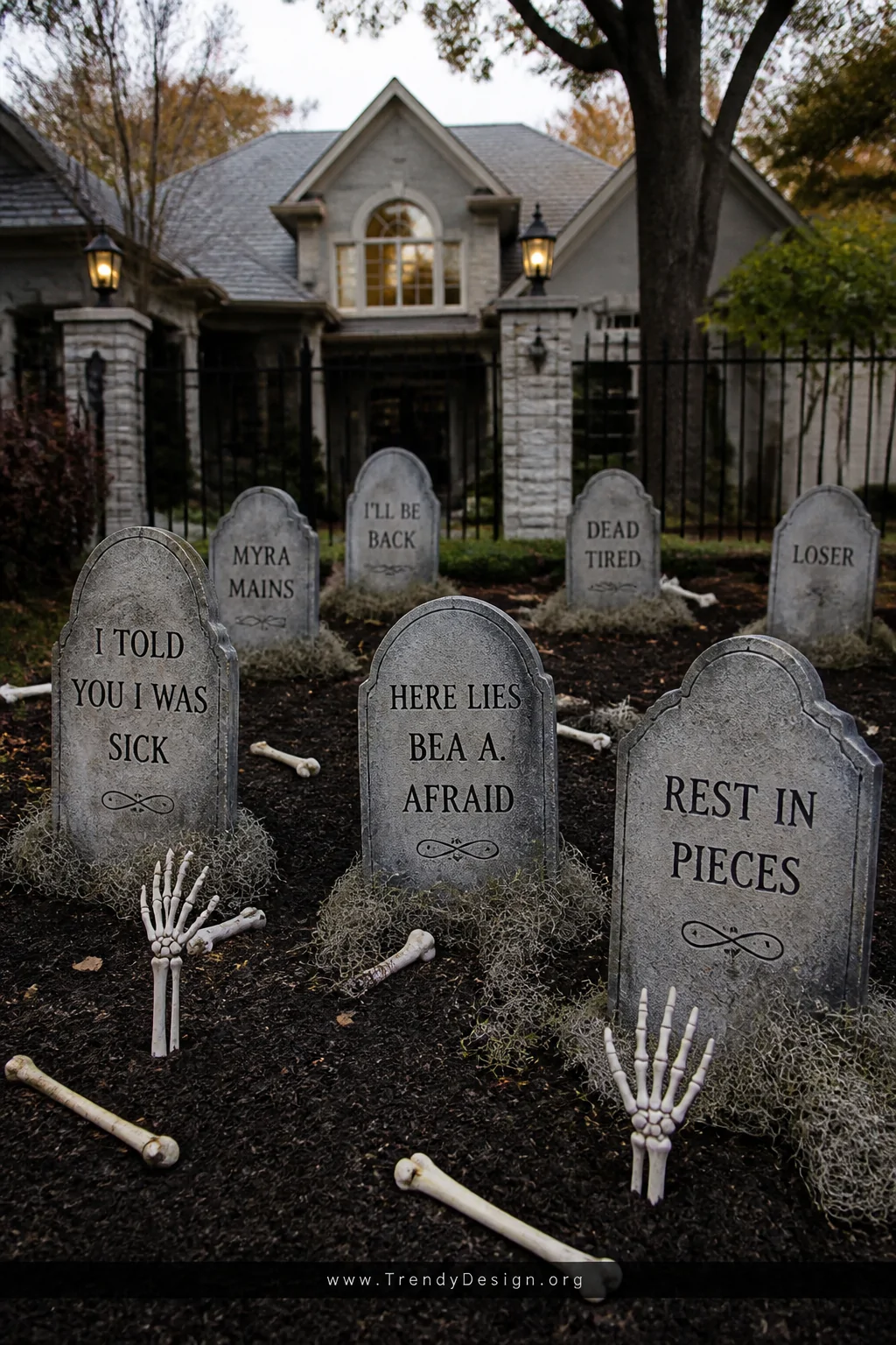 Wide front yard shot of a theatrical graveyard scene with irregularly angled grey foam tombstones painted with dry-brushed bl