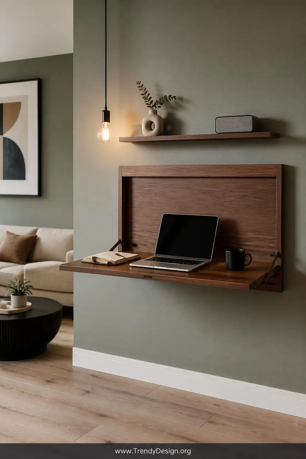 Medium photorealistic interior shot of a minimalist fold-down Murphy wall desk mounted flush against a soft sage green wall, 