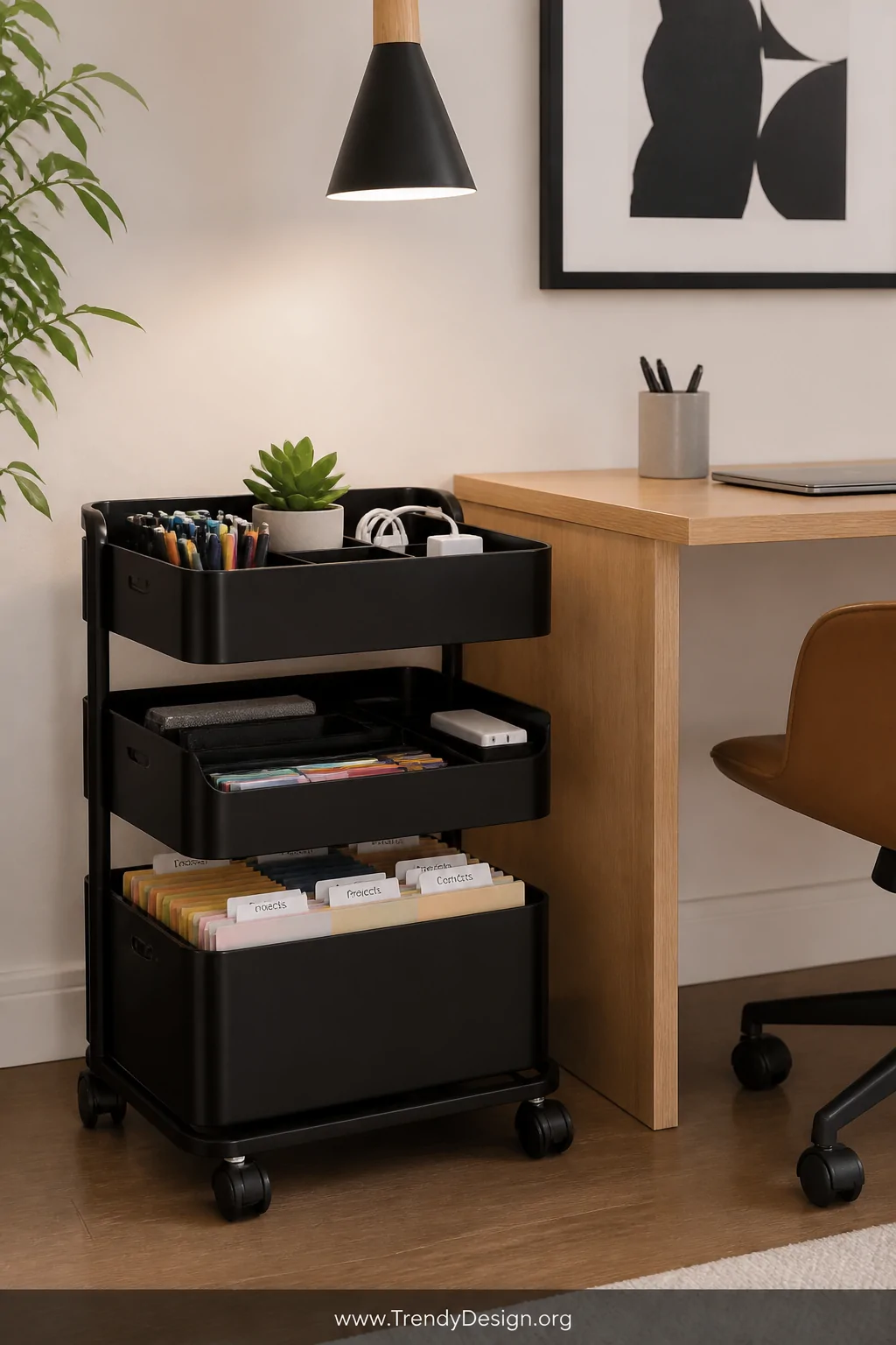 Medium shot of a sleek matte black three-tier rolling cart parked beside a light oak desk, its drawers neatly filled with col