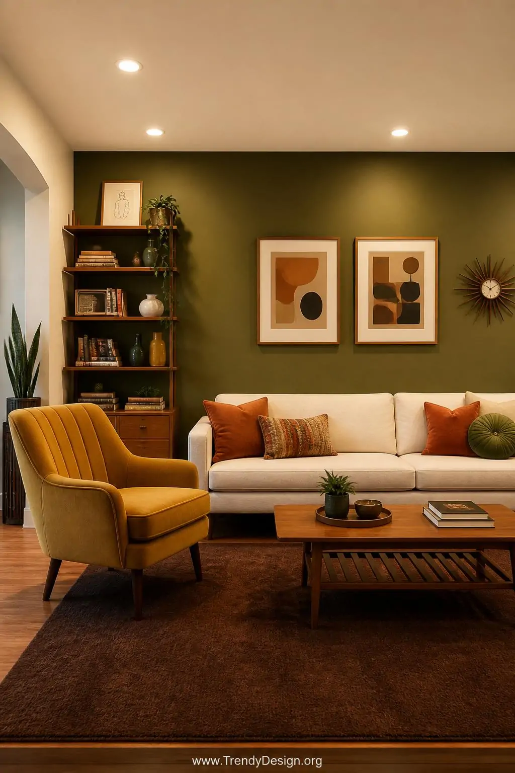 Wide shot of a mid century modern living room with an avocado green painted accent wall, harvest gold velvet armchair, terrac