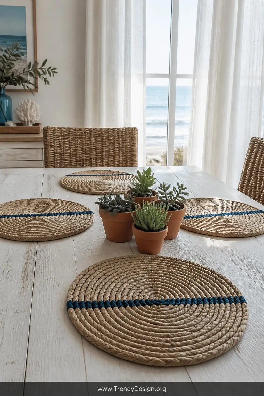 Wide shot of a coastal-style breakfast nook featuring round natural jute rope coil placemats with mid-project navy striping a
