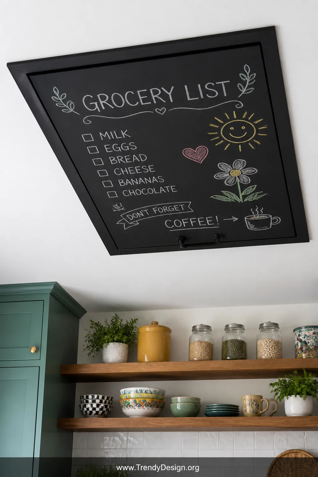 Detail closeup photorealistic shot of a cheerful kitchen ceiling attic access panel painted entirely in matte black chalkboar