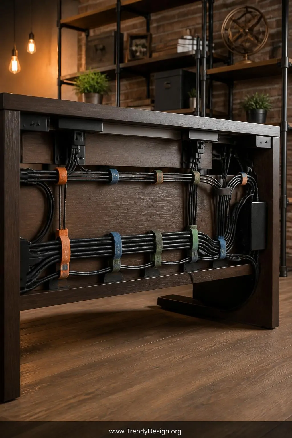 Medium shot of the underside and rear cable zone of a dark espresso wood desk where thick and thin cable bundles are wrapped 