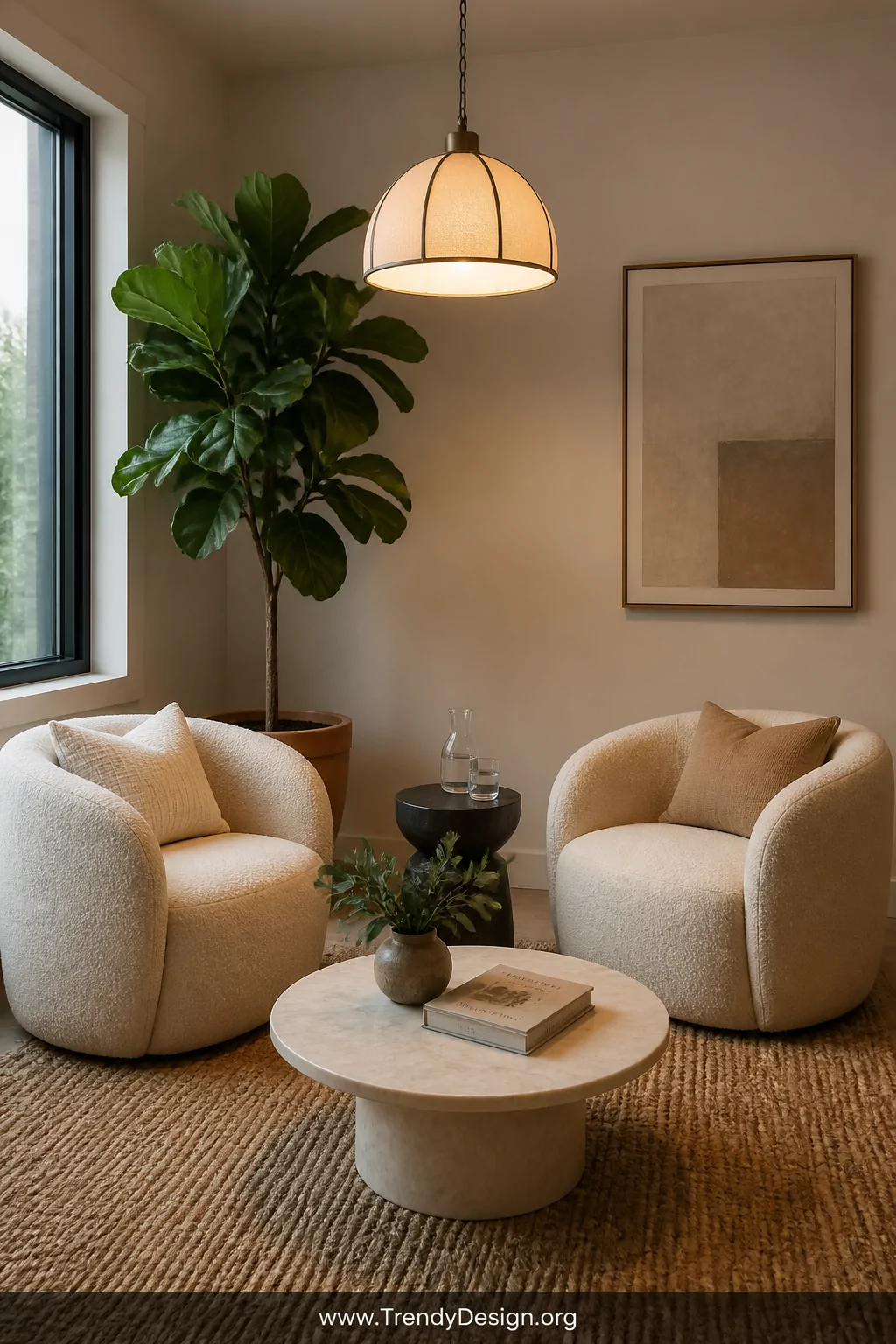 Medium photorealistic shot of a cozy client-facing conversation corner with two curved cream boucle armchairs facing each oth