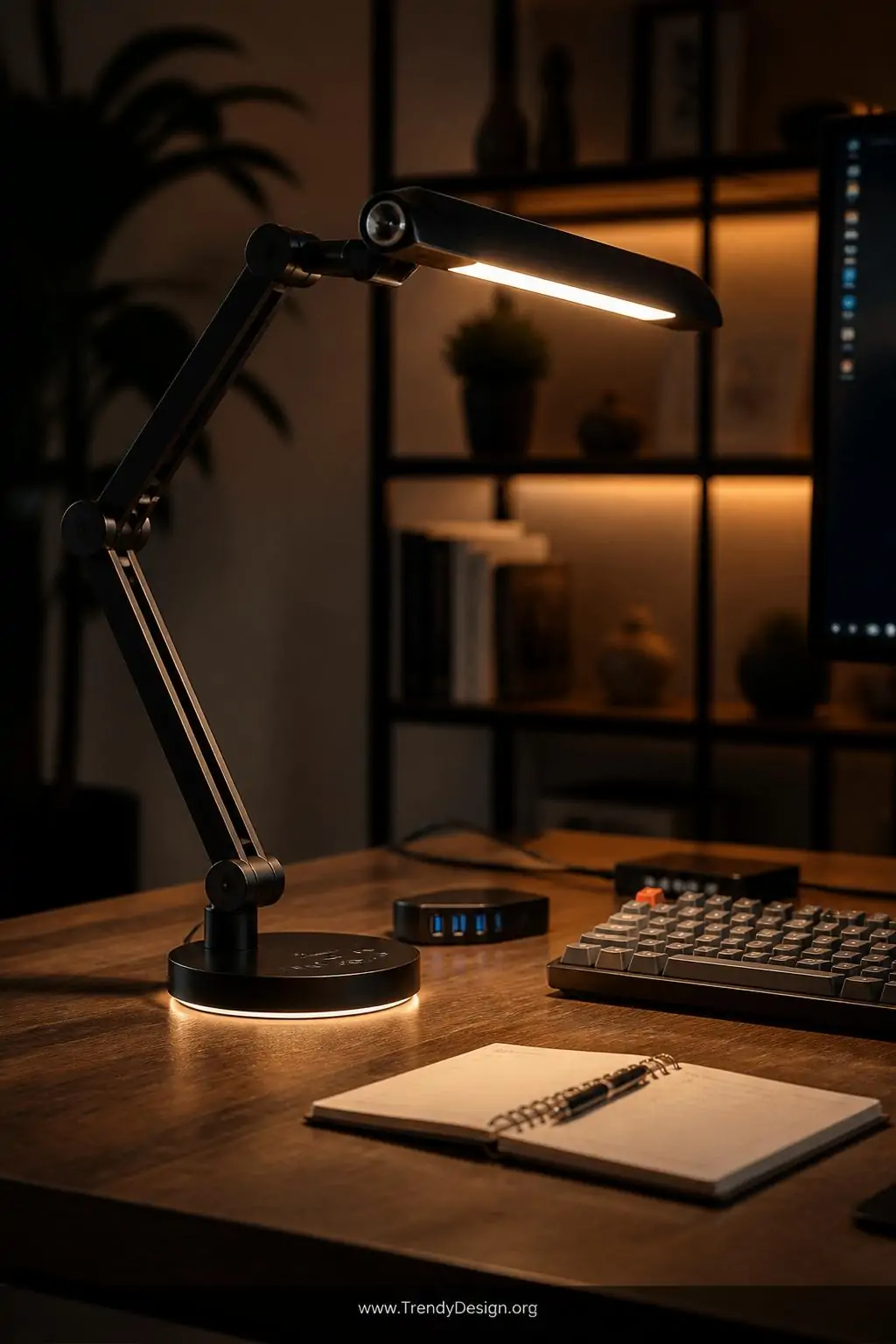 Medium closeup of a premium matte-black LED desk lamp with articulating arm mounted on a dark walnut desk, its focused warm b