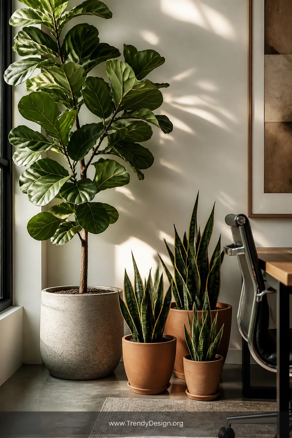 Detail shot of a styled office corner featuring a dramatic tall fiddle leaf fig in a speckled matte ceramic pot, accompanied 