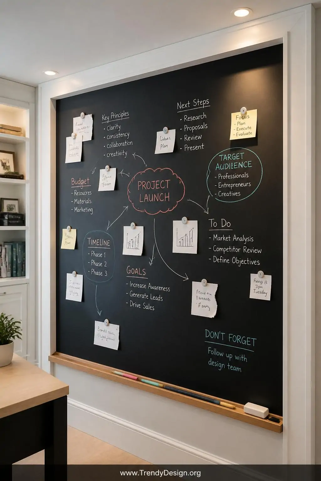 A medium-shot photorealistic interior design image of a floor-to-ceiling magnetic chalkboard wall panel in a home office, fra