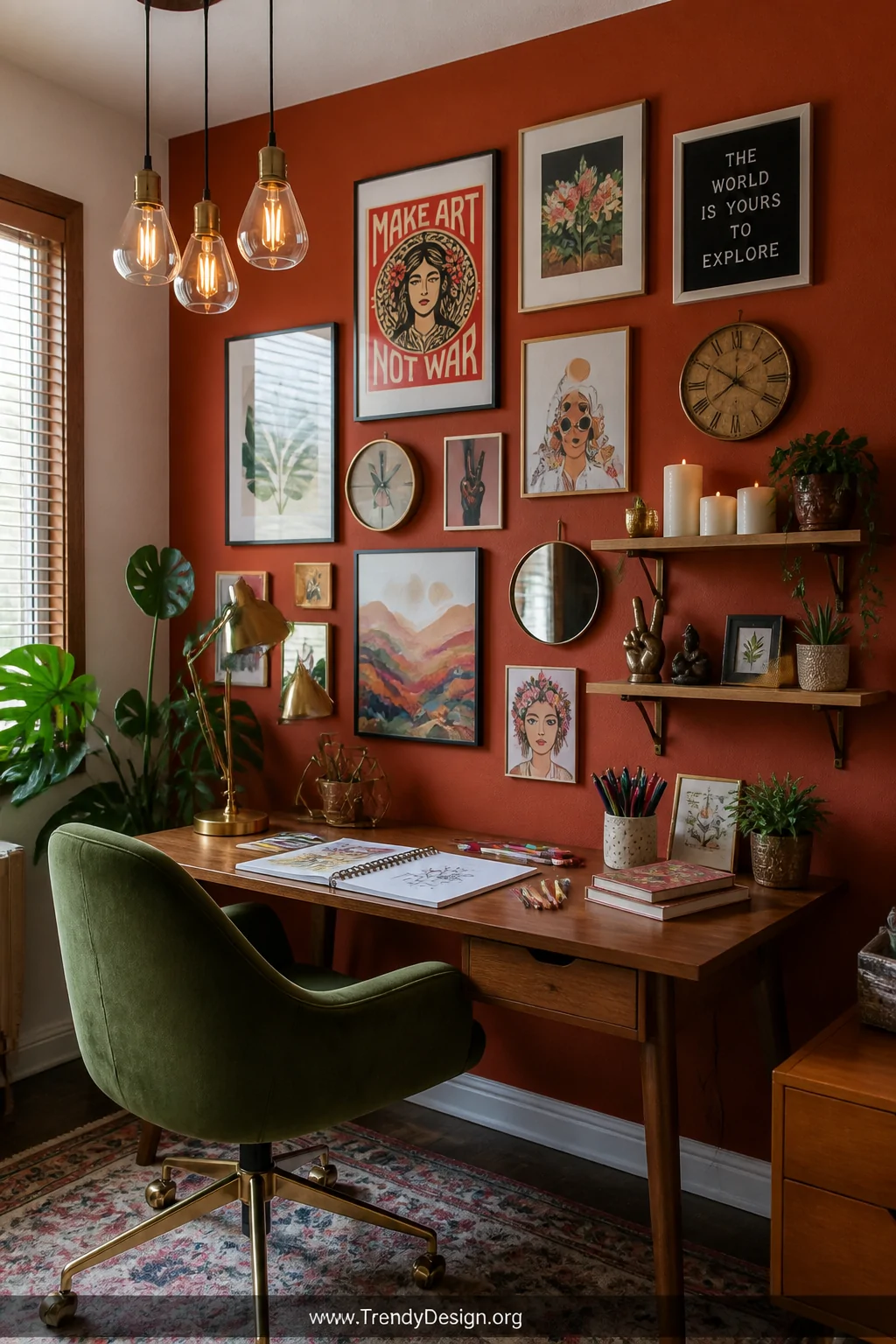 A vibrant creative home office featuring a bold terracotta accent wall covered in a densely layered gallery wall mixing color