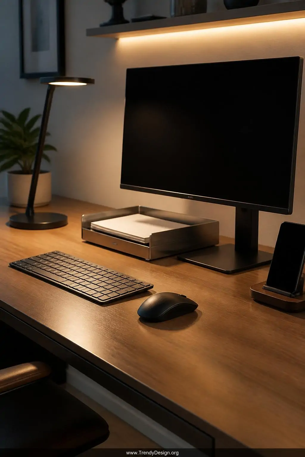 Closeup medium shot of an immaculately organized desk surface featuring a keyboard and mouse centered shoulder-width apart, a