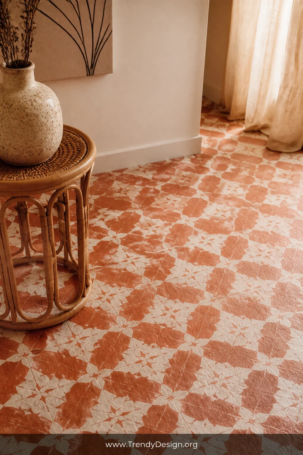 Medium photorealistic interior shot of a painted OSB floor covered in a repeating Moroccan encaustic tile stencil pattern in 