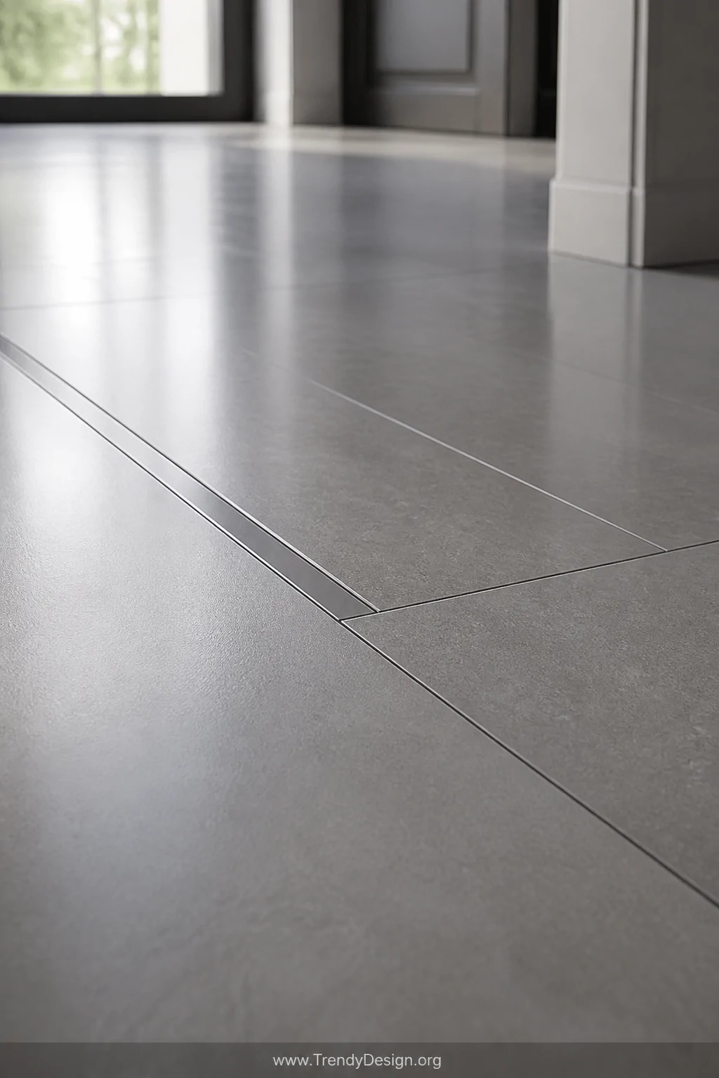 Detail closeup of a floor-level seam where a pewter-toned metal transition strip disappears seamlessly against cool light gra