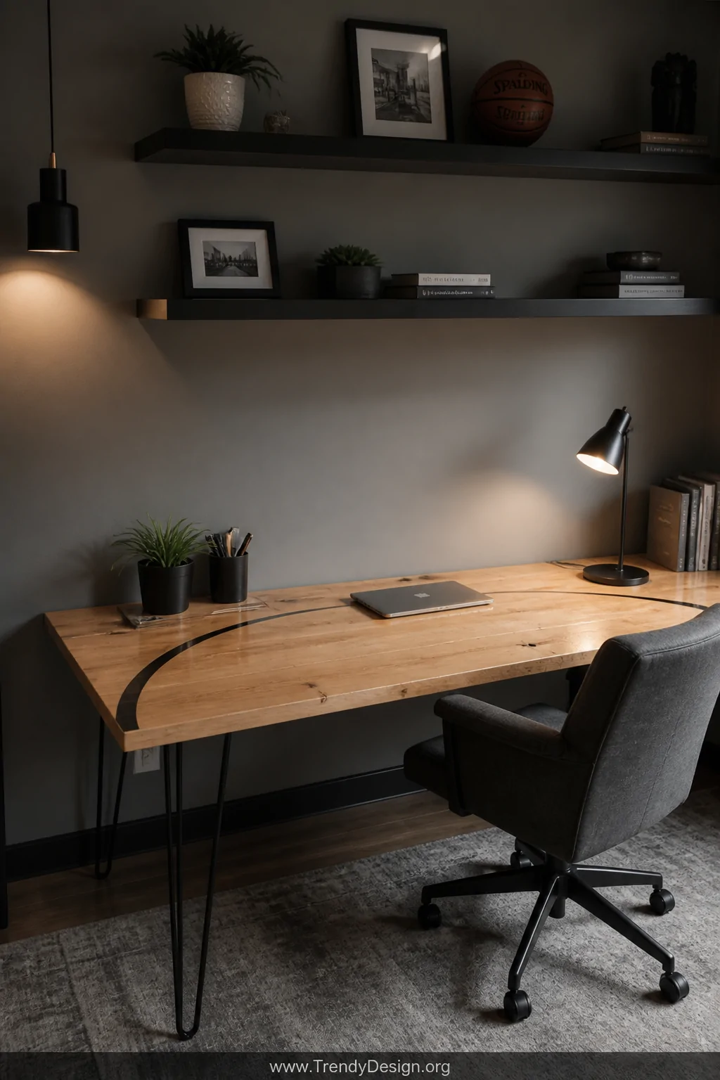Medium home office shot of a wide reclaimed basketball court wood desk top mounted on slender black hairpin legs, a faded thr