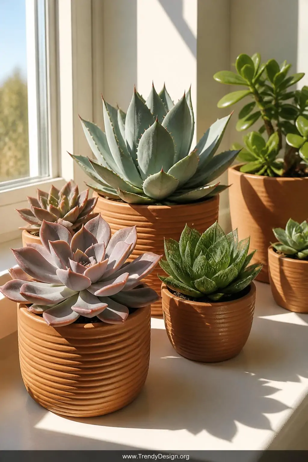 A closeup shot of a sun-drenched windowsill arrangement of mixed succulents in terracotta pots, showcasing dusty rose echever