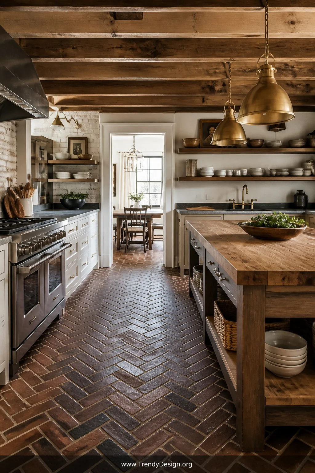 Wide photorealistic interior of a farmhouse kitchen with salvaged brick floors laid in a classic herringbone pattern in warm 