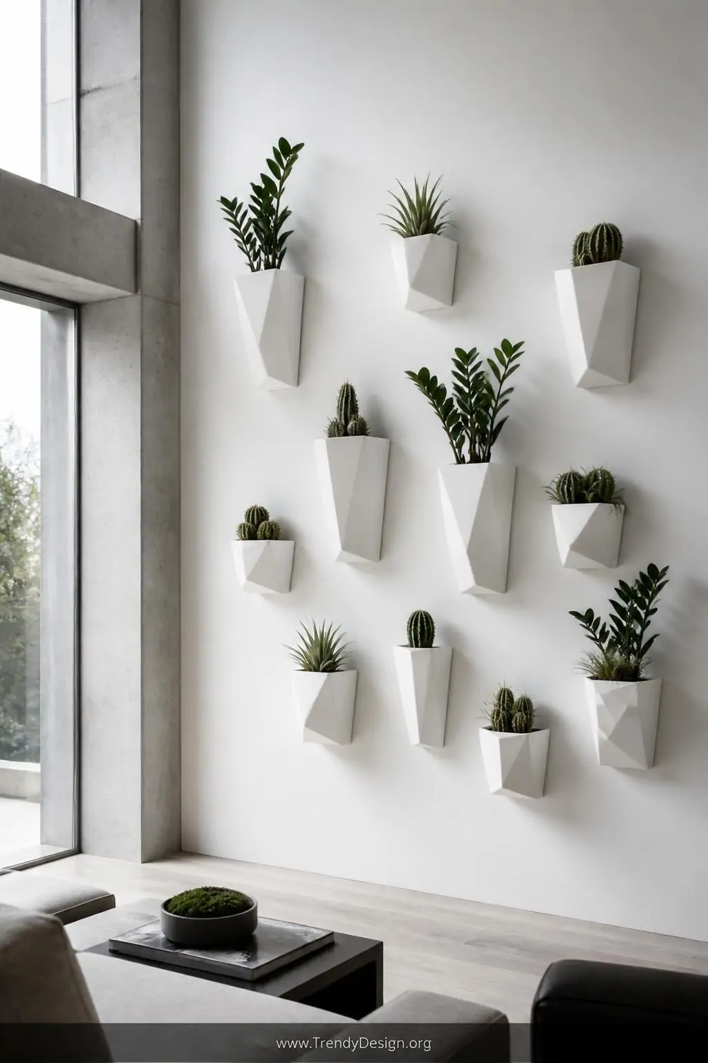 Wide-shot photorealistic minimalist living room featuring a geometric arrangement of matte white ceramic modular wall planter