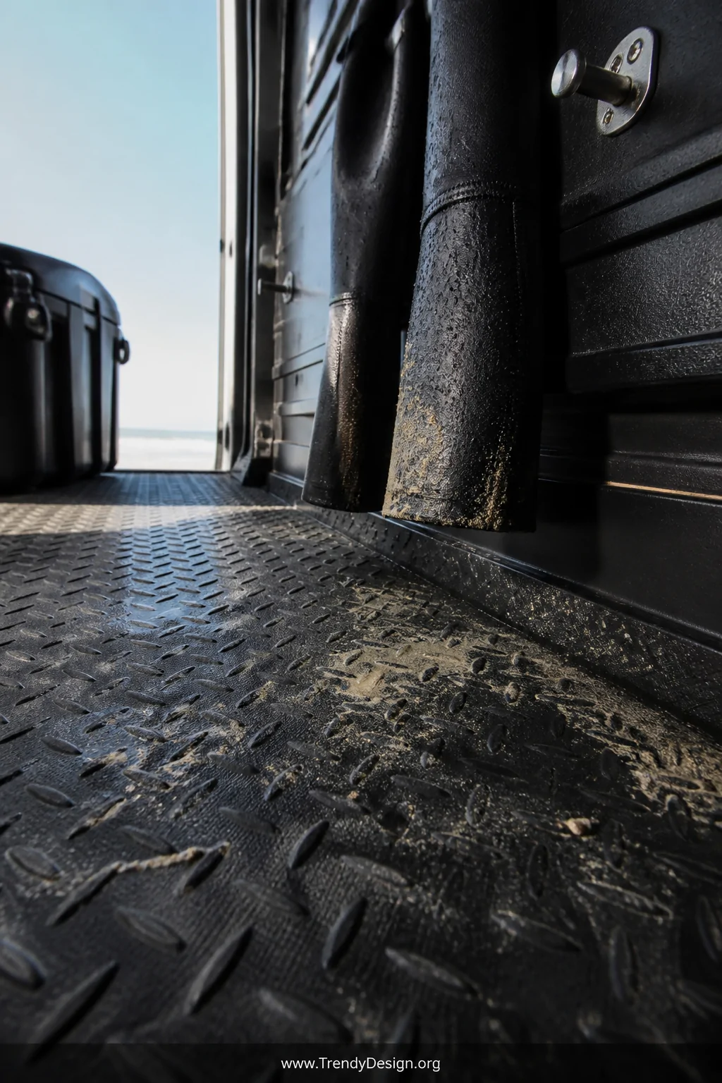 A detail closeup photorealistic shot of dark charcoal rubber flooring with a raised textured diamond-pattern surface inside a