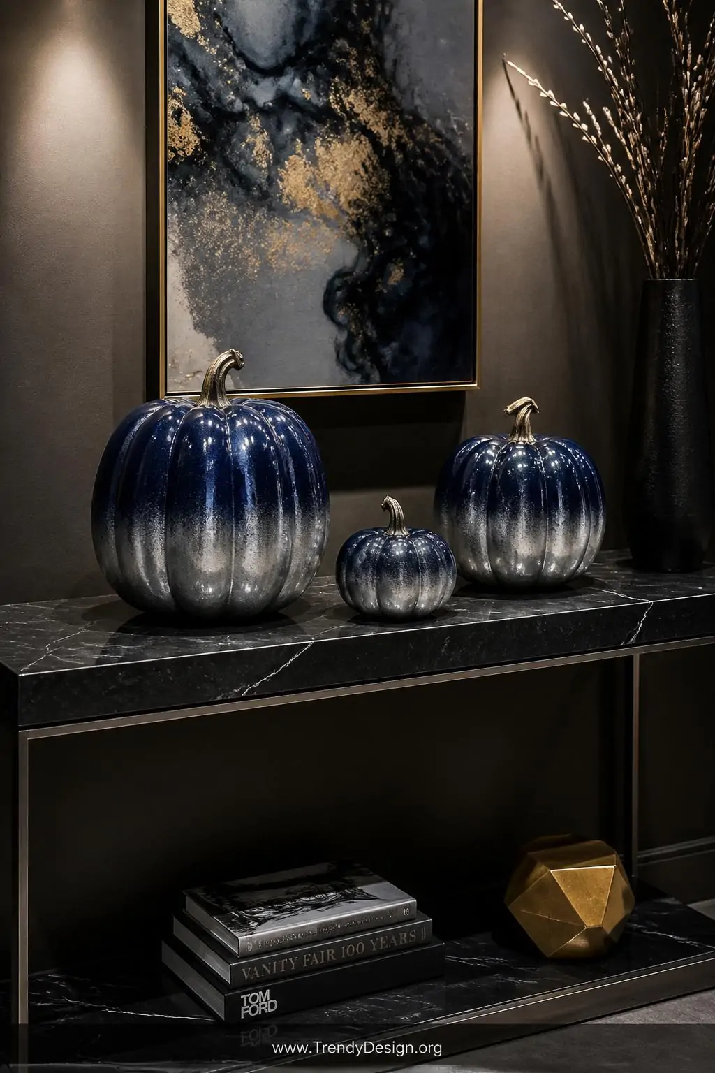 A medium-shot photorealistic interior of a sleek modern console table displaying three ombre-painted pumpkins blending midnig