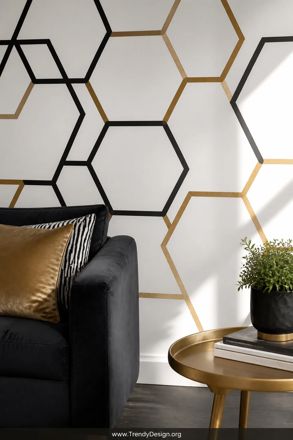 Detail-level photorealistic shot of a living room accent wall featuring a large-scale geometric hexagon pattern created entir