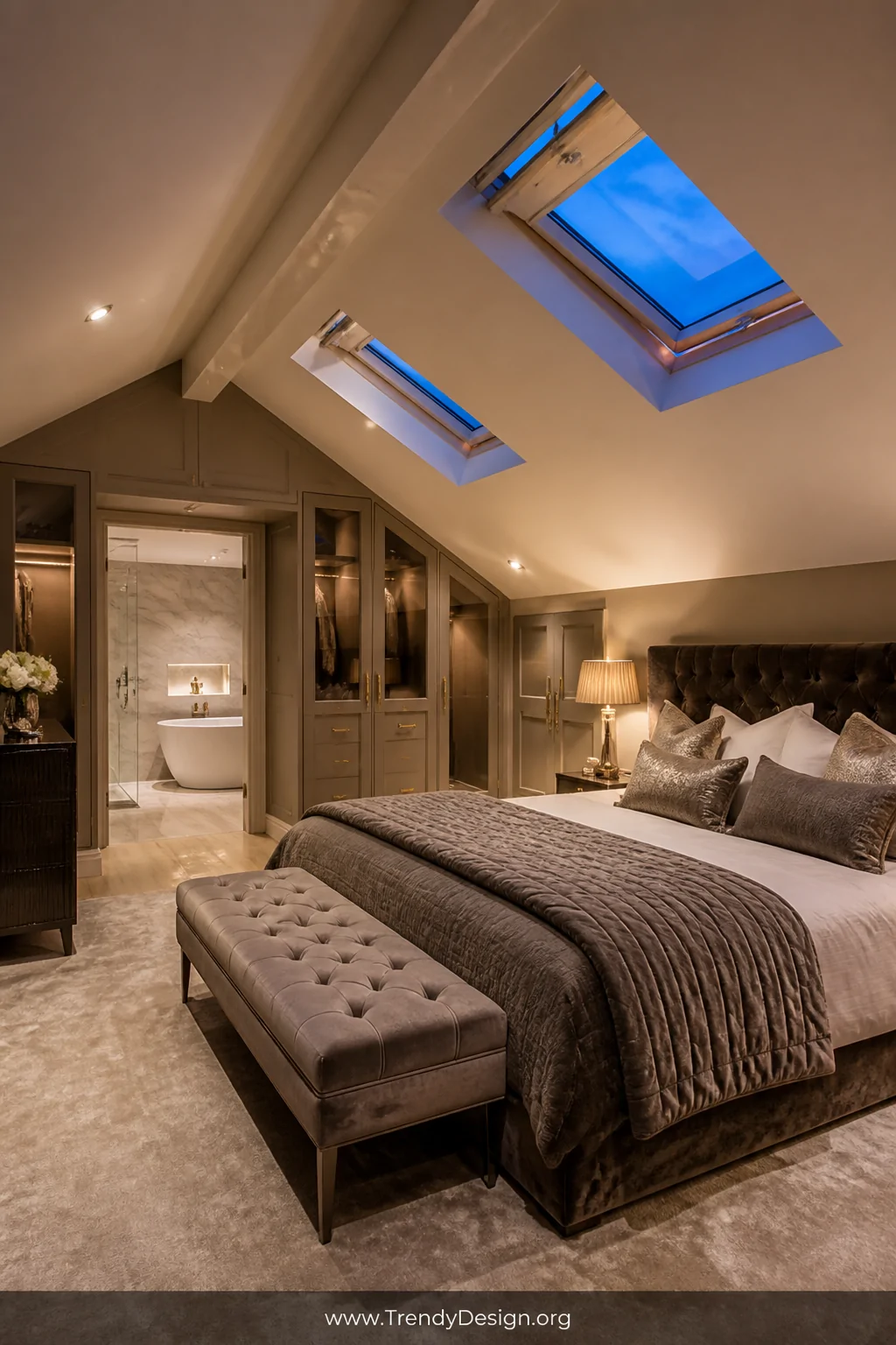 Wide photorealistic interior shot of a luxurious attic master suite with two large skylights open to a deep blue evening sky,