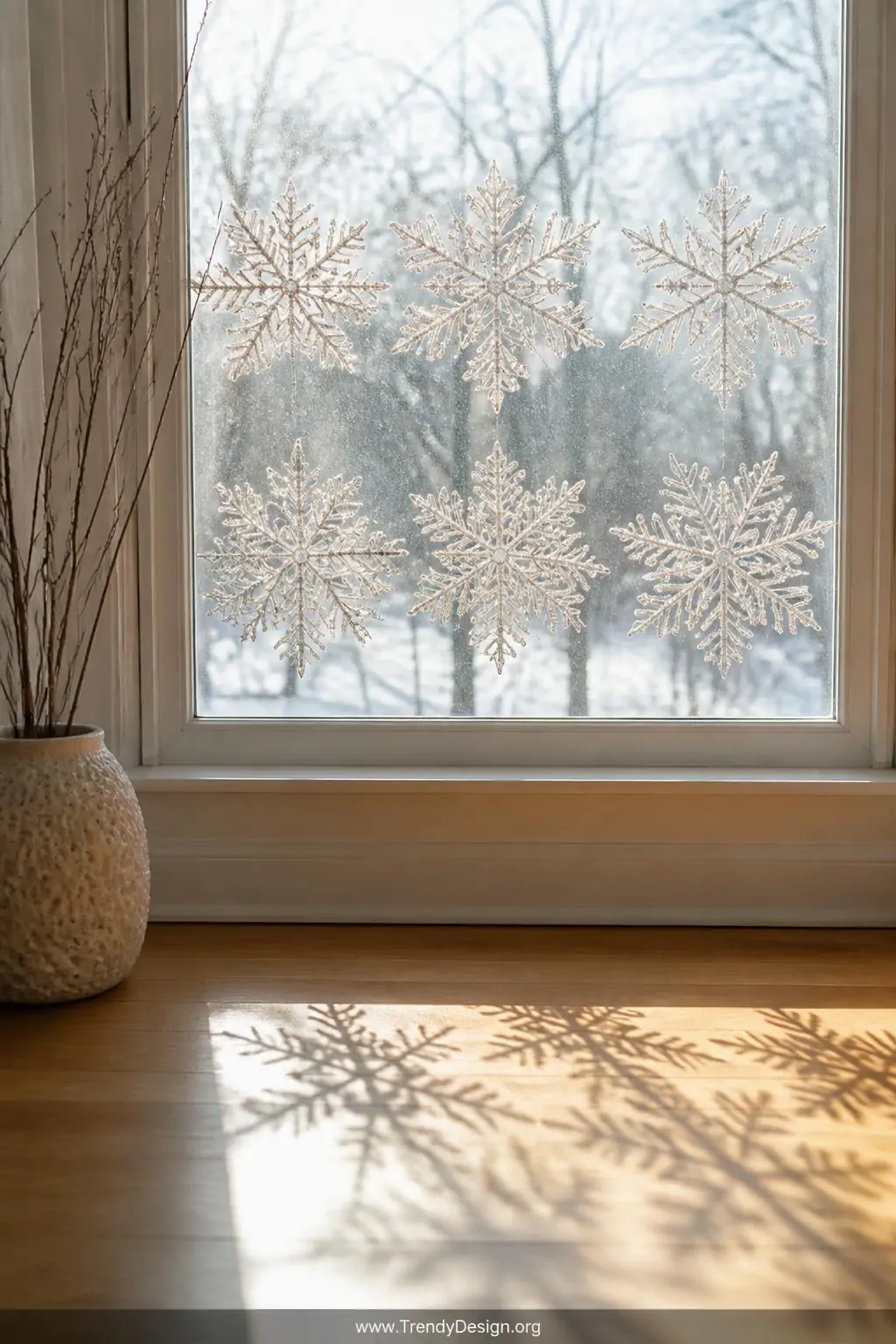 A close-up shot of a frost-glazed window pane adorned with six translucent hot glue snowflakes of varying intricate geometric