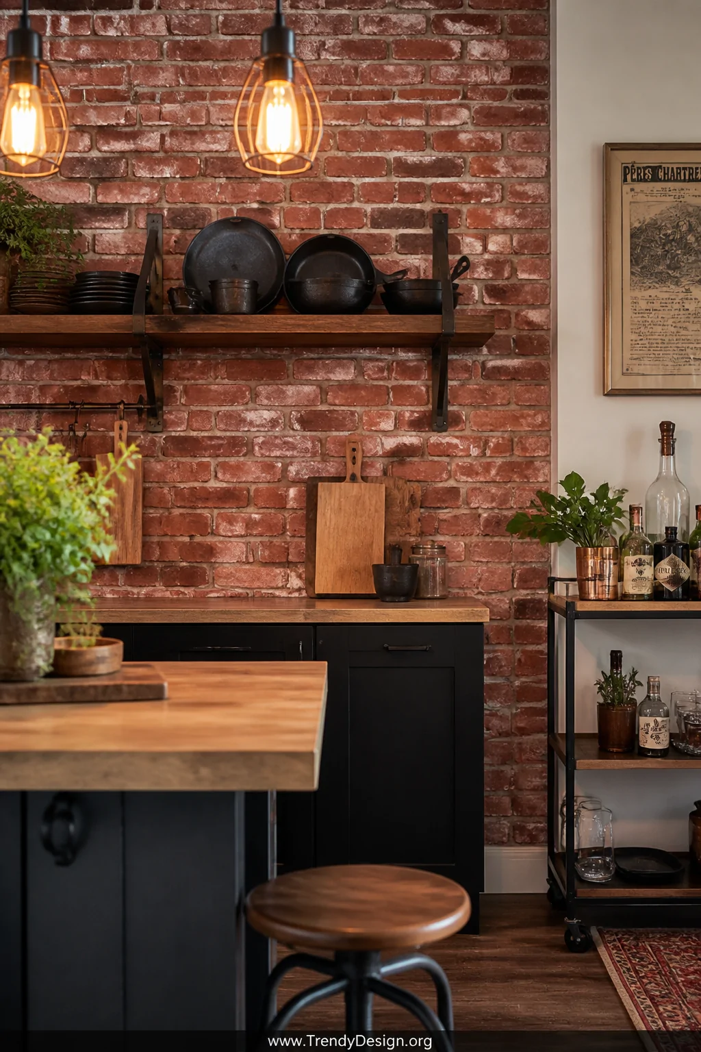 Medium shot of a rustic industrial kitchen corner with warm red brick peel and stick backsplash panels behind open wooden she