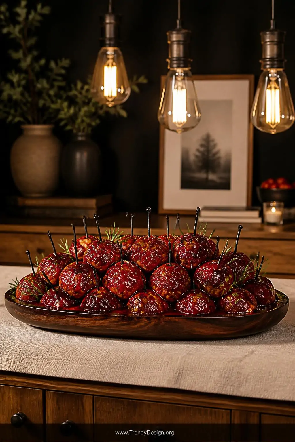 A medium shot of a rich mahogany serving platter centered on a linen-draped sideboard, piled generously with glossy cranberry