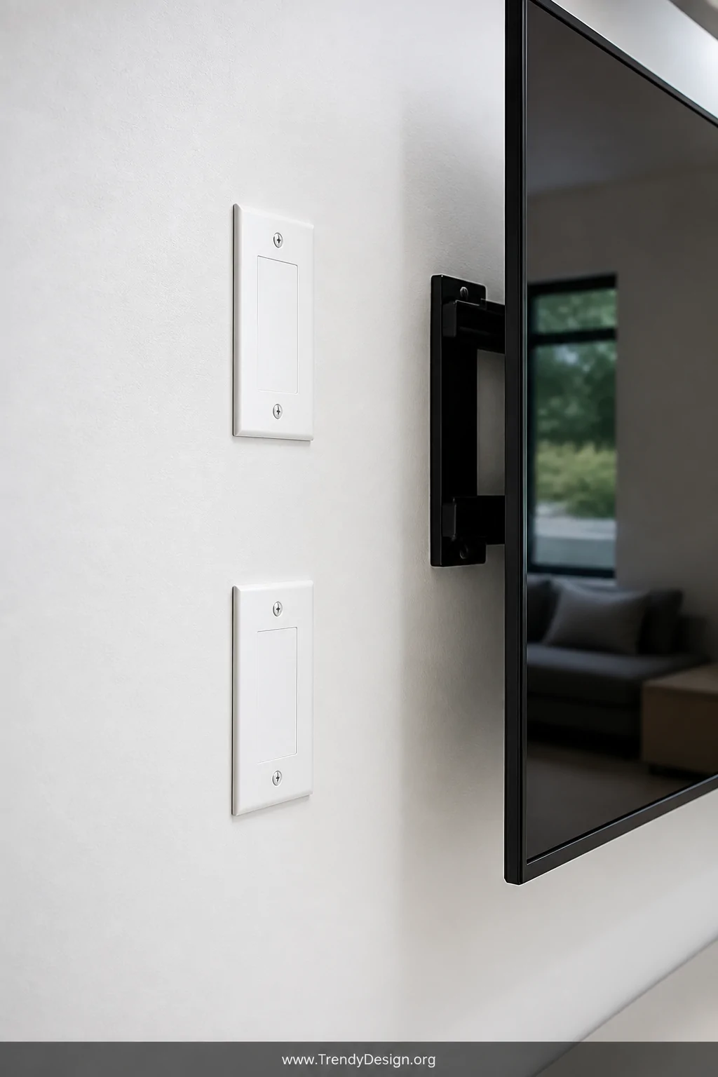 Detail closeup of a pristine white painted drywall surface beside a wall-mounted television, two clean flush white wall plate