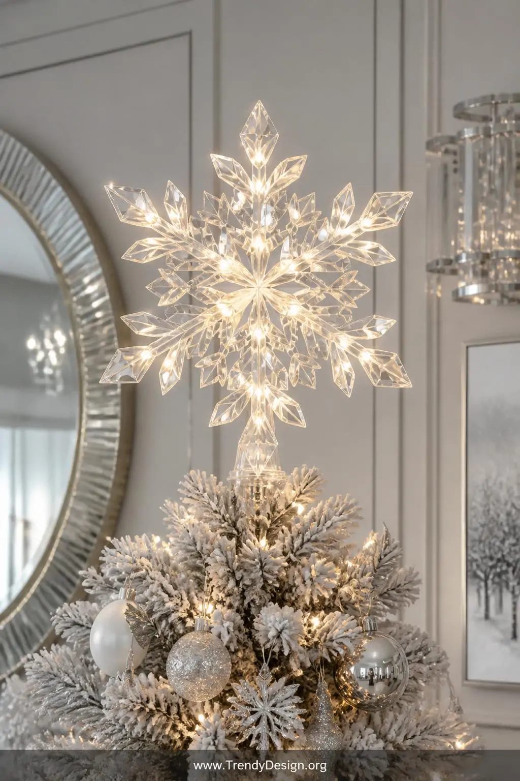 A photorealistic medium close-up of an oversized clear acrylic white snowflake tree topper with intricate laser-cut geometric