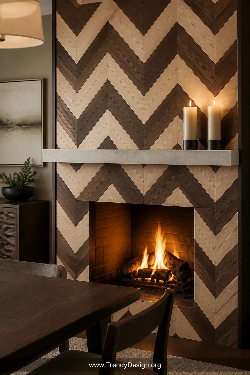 Medium shot of a dining room fireplace surround clad in a herringbone pattern using contrasting light ash and dark walnut woo
