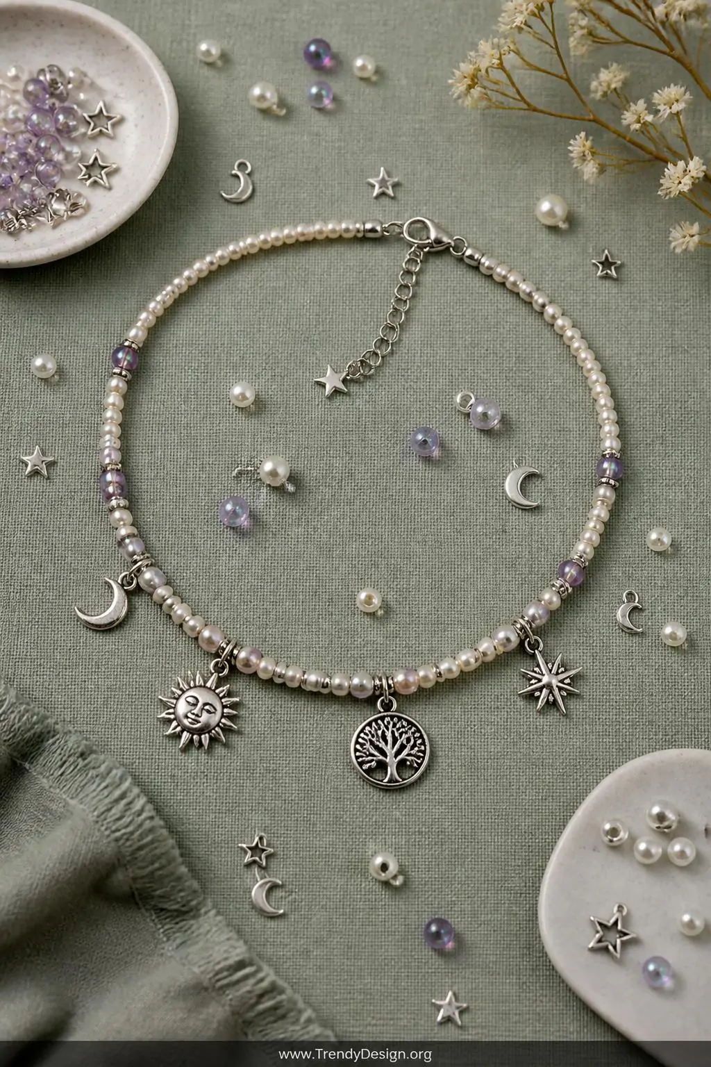 A styled flat lay on a dusty sage green linen surface features a charm and bead combination anklet arranged in a graceful cur