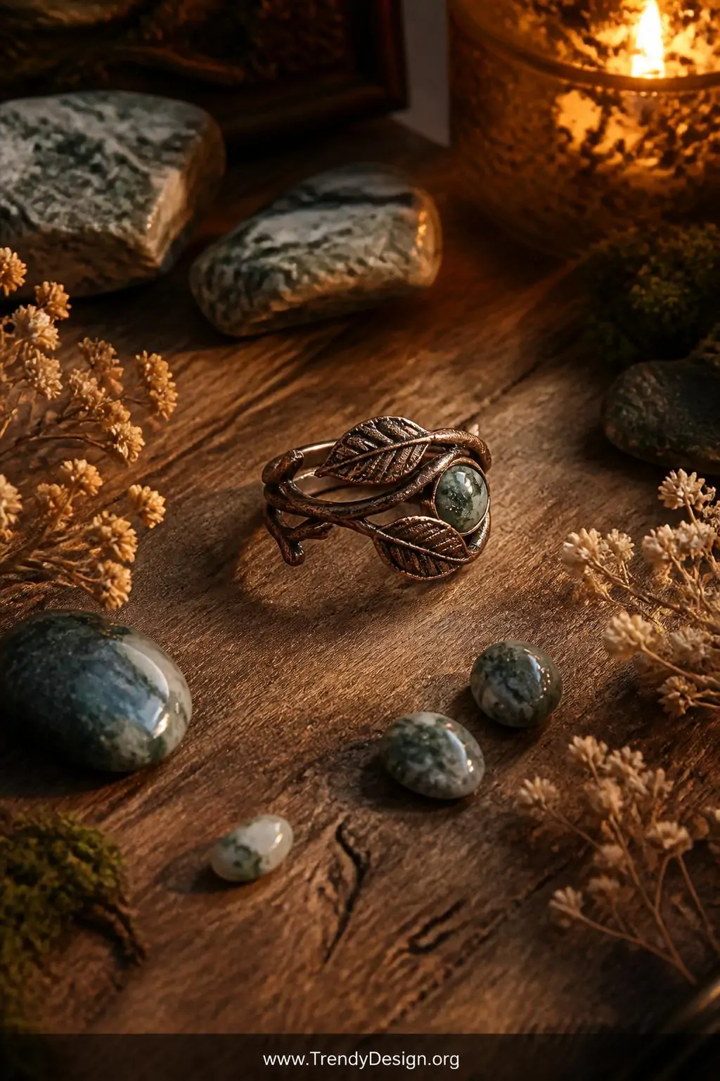 A wide shot of a delicate oxidized copper branch and leaf wire ring surrounded by scattered moss agate stones and tiny dried 